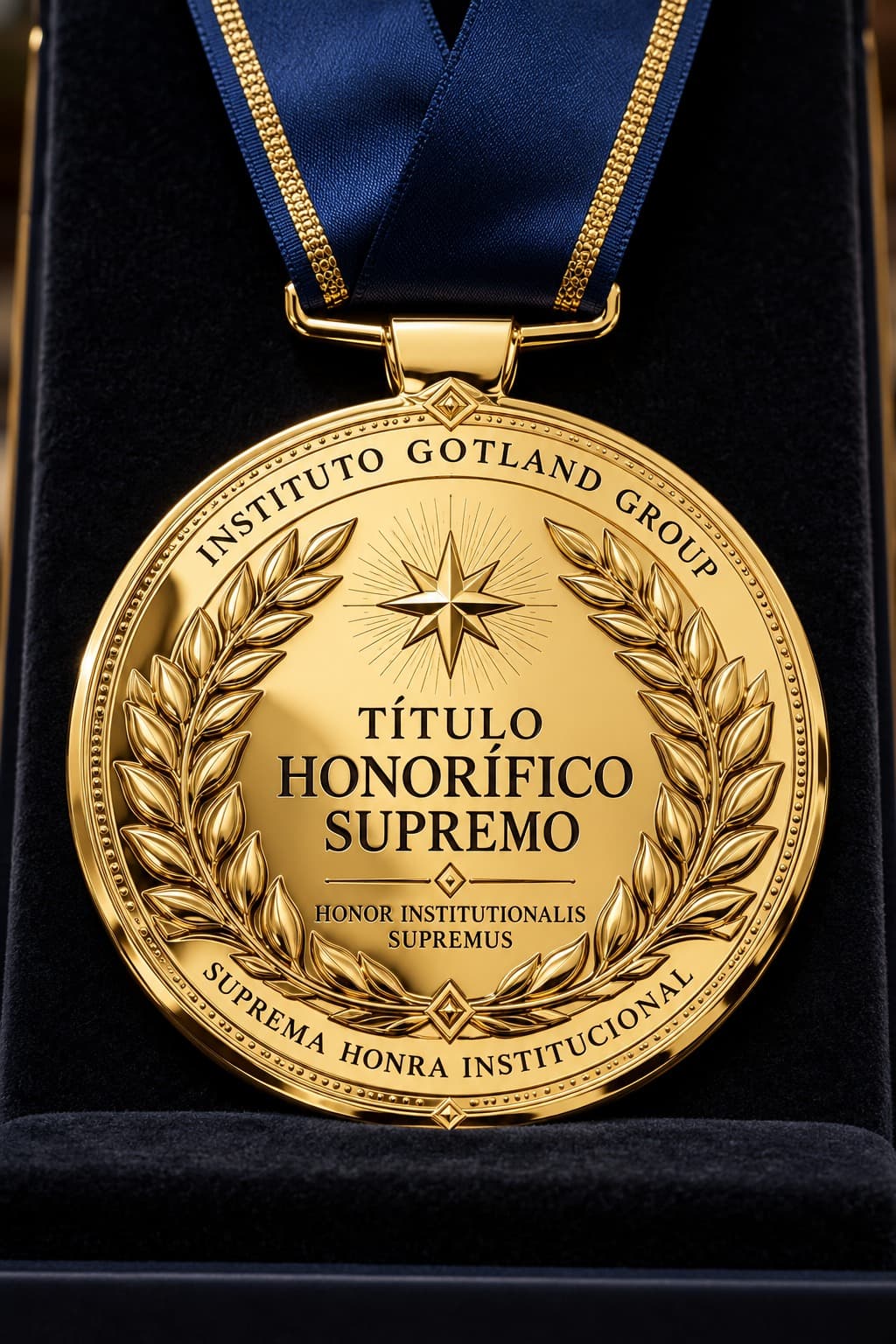 Medalha dourada com a inscrição Título Honorífico Supremo, Honor Institutionalis Supremus e Suprema Honra Institucional